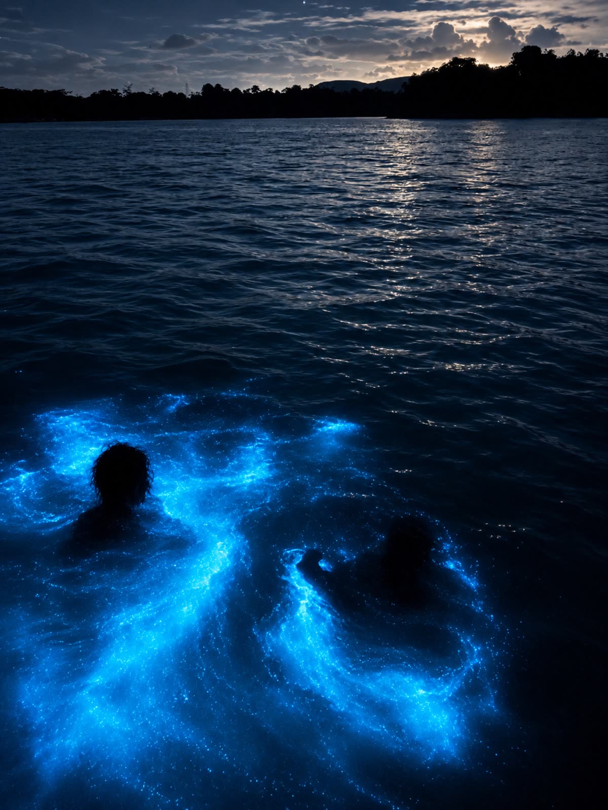 Bañistas rodeados por el brillo azul de la bahía bioluminiscente de La Parguera