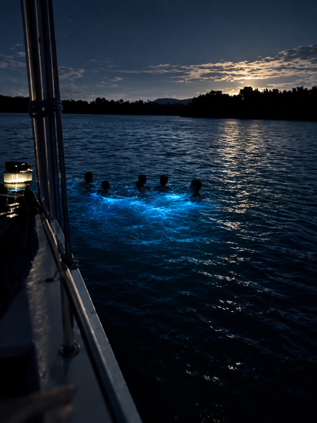Agua encendida en azul junto a la embarcación
